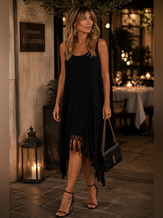 Point Zero Dresses & Skirts - Black Fringe scoop neck Sleeveless Dress with bohemian handkerchief hem.